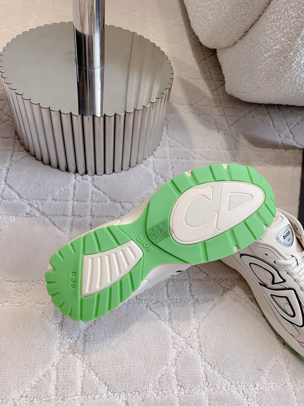 CD B30 Sneaker Milky Beige Mix Green Polyester Mesh Fabric And Calfskin