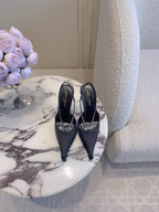 AMANDA SLINGBACK PUMPS IN BLACK SILK WITH RHINESTONES