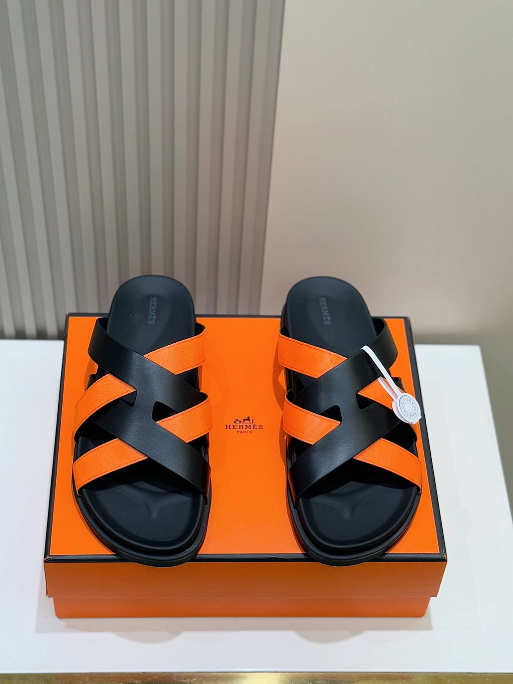 HM Men's Kazimir Slide Black Orange Calfskin 562774