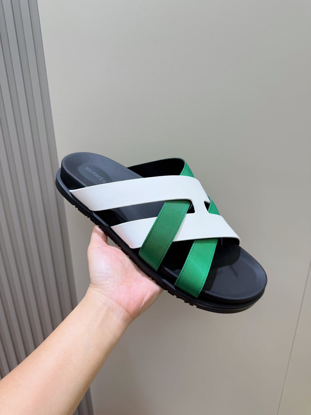 HM Men's Kazimir Slide Green White Calfskin 562776