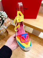 GARAVANI PRINTED COLORFUL CANVAS HIGH SANDAL 95 MM WITH EMBROIDERED LOGO