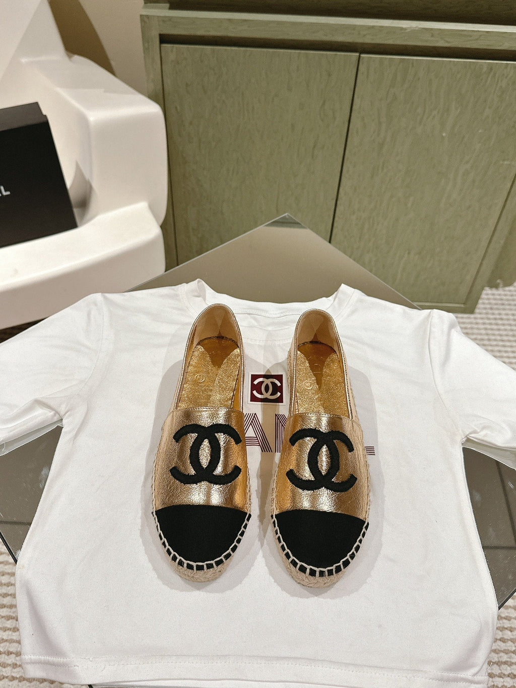 espadrilles gold metalic calfskin black canvas