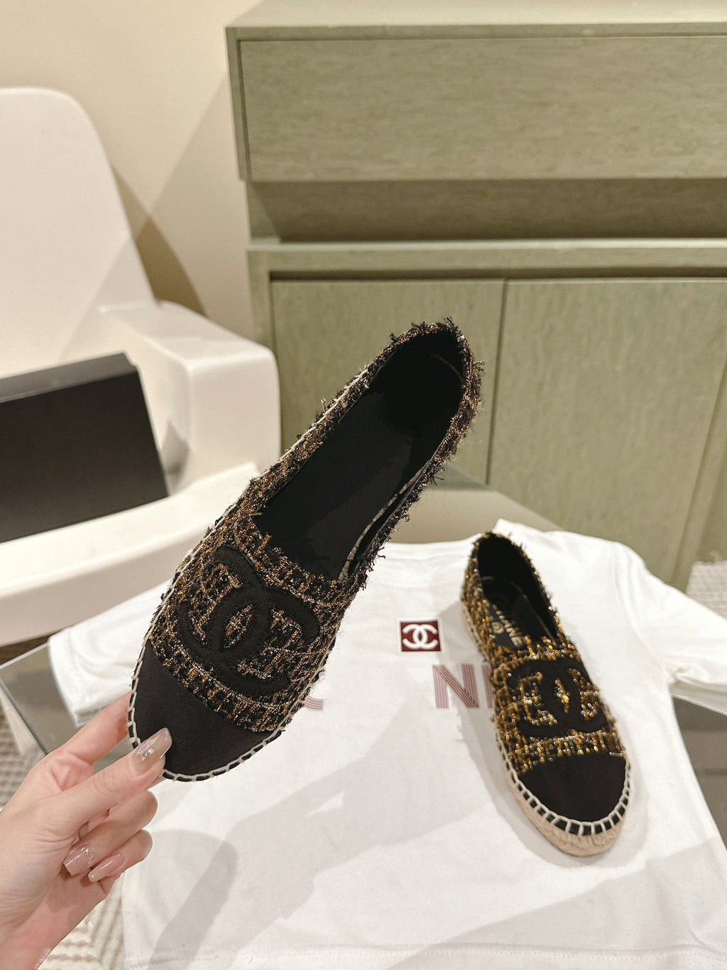 espadrilees black gold tweed canvas
