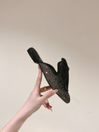 CC JEWELED MULE WITH SILK BOW AND BLACK LAMBSKIN