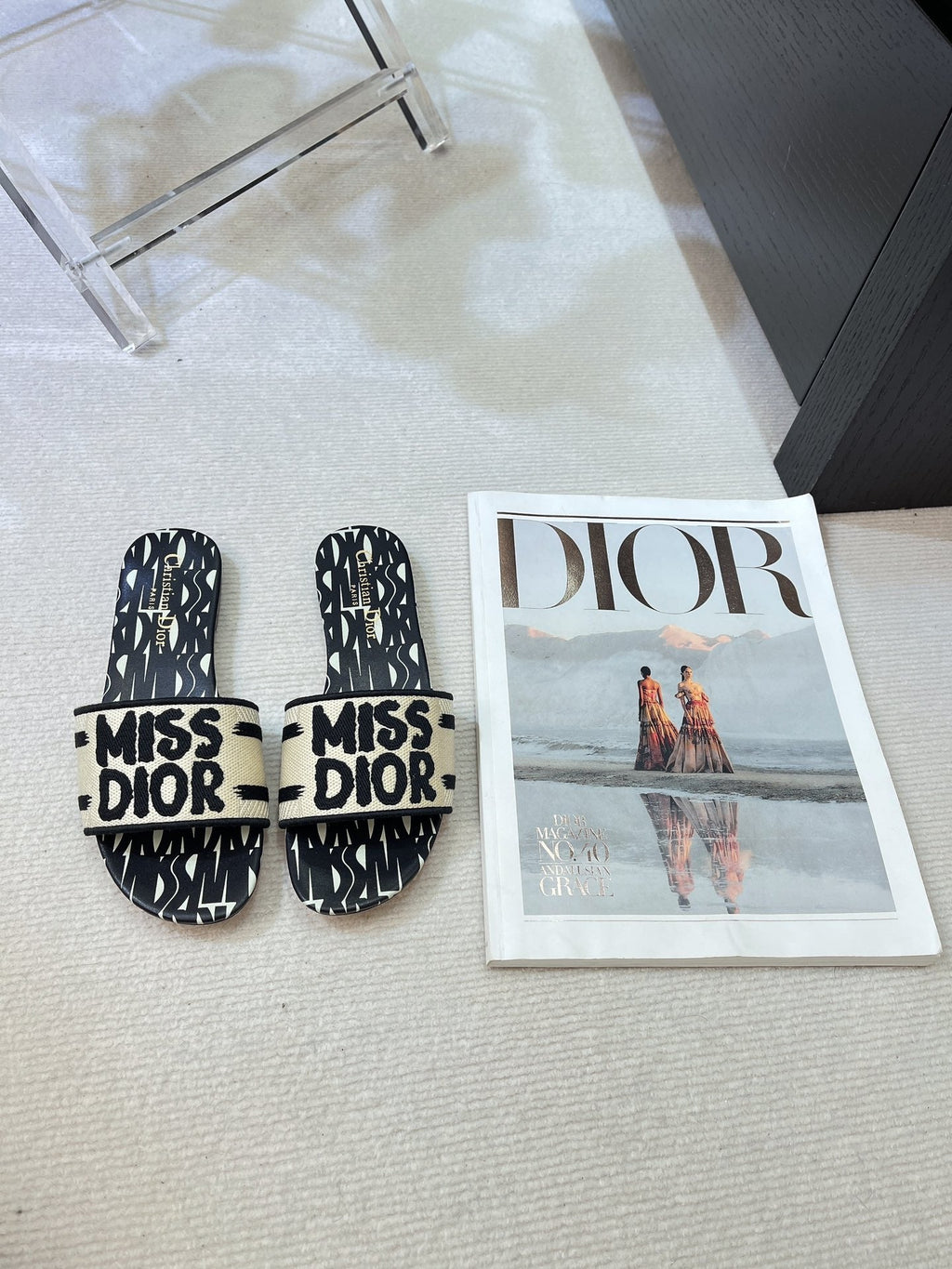 dway slide embroidered cotton black miss cd alllover motif