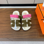 HM Chypre Sandal In Army Green Mix Pink Fleece And Suede 984192