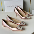 Manolo Diamond Buckle Pumps Pink Gold Mirror Cowhide 451181