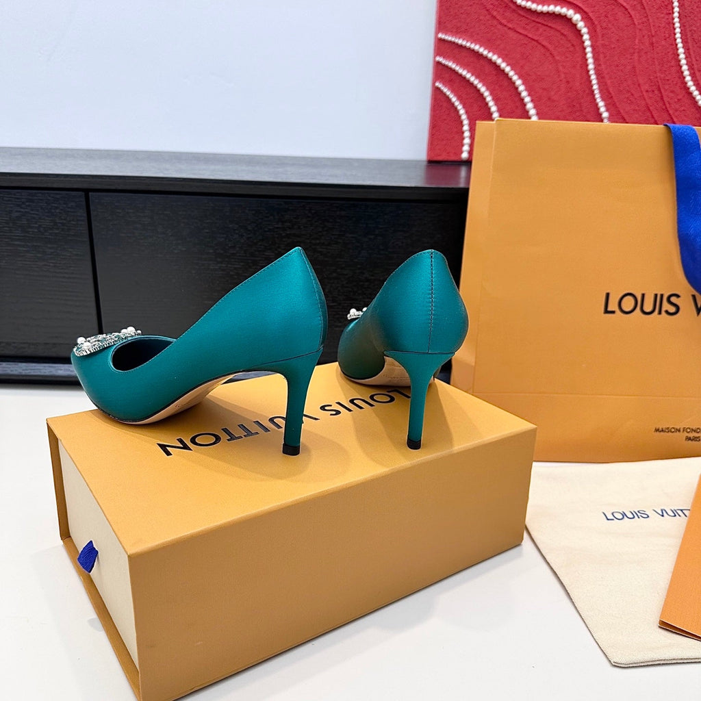 LV 26s  Pointed-Toe High Heels 75 Teal Blue Premium Satin 622438