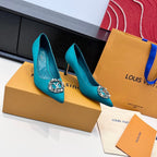 LV 26s  Pointed-Toe High Heels 75 Teal Blue Premium Satin 622438