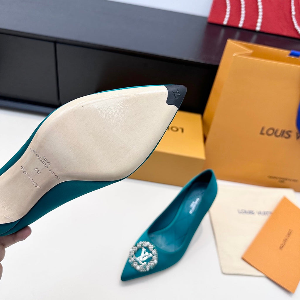 LV 26s  Pointed-Toe High Heels 95 Teal Blue Premium Satin 622439