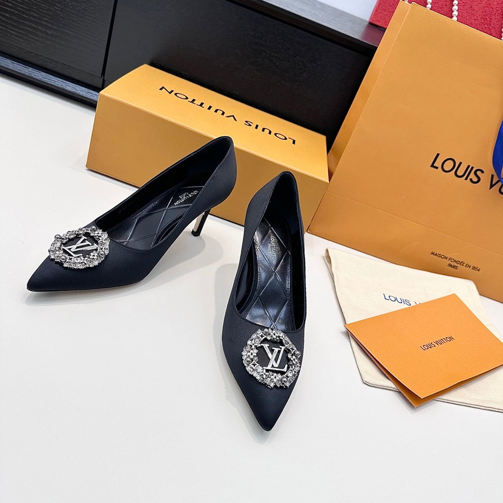 LV 26s  Pointed-Toe High Heels 75 Black Premium Satin 622453