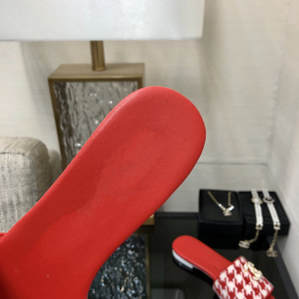 mule sandal red white houndstooth fabric