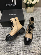 SHORT BOOTS  BEIGE CREAM MIX BLACK SUEDE LAMBSKIN