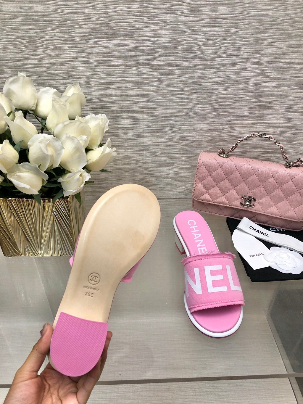 CC 25C Mid Heel Mule Pink Fabric Material 212962