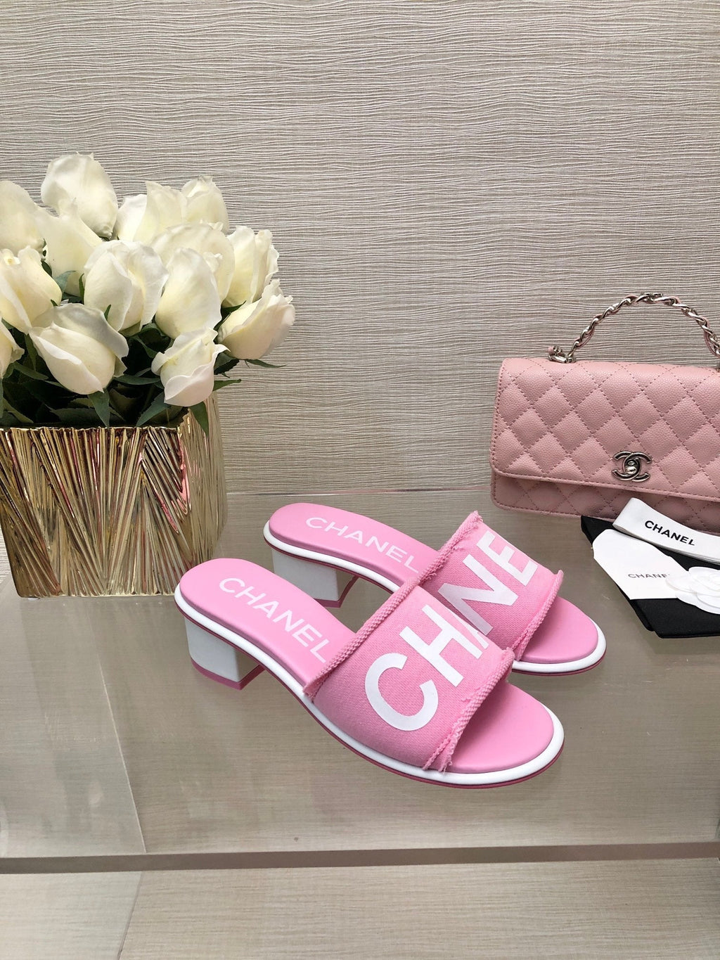 CC 25C Mid Heel Mule Pink Fabric Material 212962