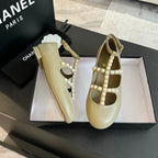MARY JANES SHOES EICRU BEIGE GOATSKIN WITH FAUX PEARL