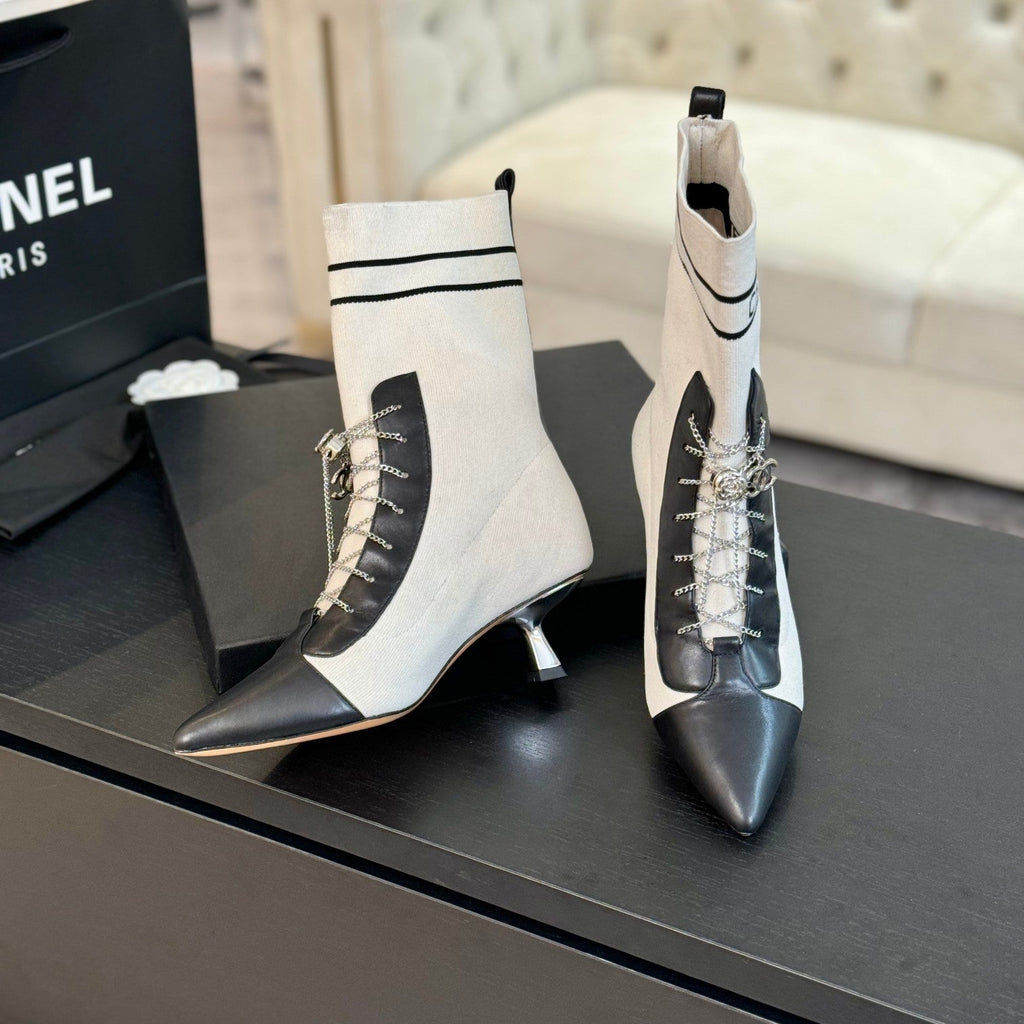 CC Ankle Boots White Black Chain Wool And Lambskin