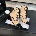 CC LACE-UP SHORT BOOTS IN SEPIA BEIGE MIX BLACK SUEDE