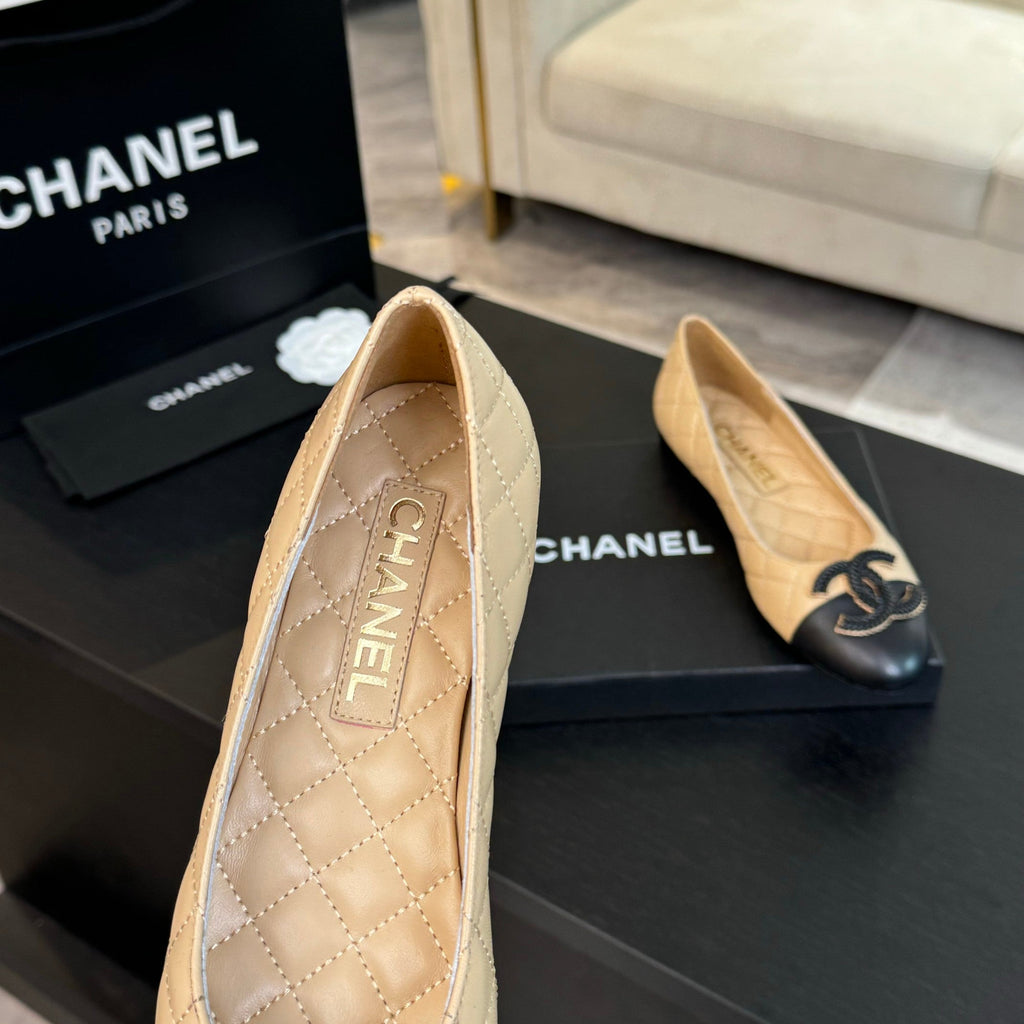 ballet flat beige quilted lambskin large black cc logo