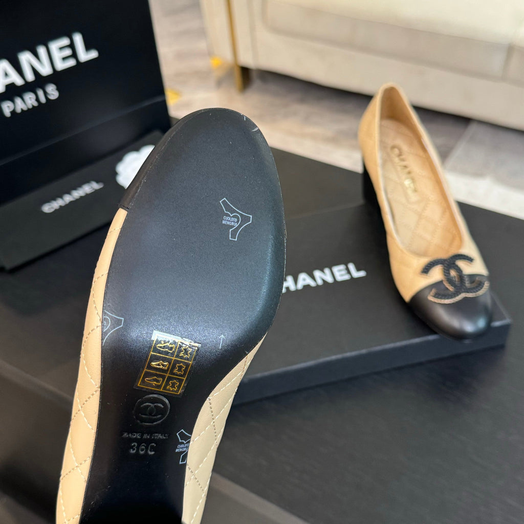 ballet flat with high heel 7cm beige black quilted lambskin