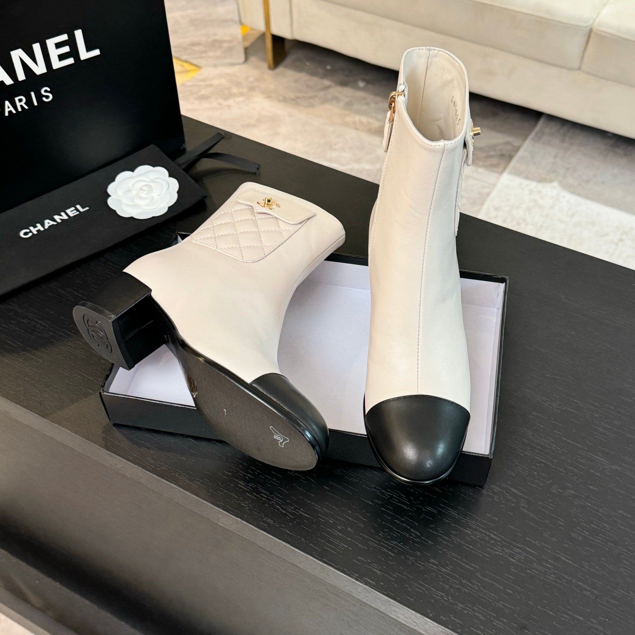 CC Ankle Boots 50mm White Black Lambskin