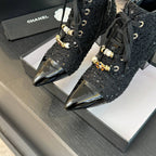 CC Ankle Boots Black Beaded Tweed Fabric And Lambskin