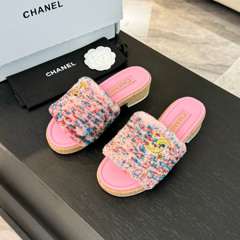 CC Slippers Pink Mix Blue Red Wool And Calfskin