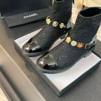 CC Short boots Black Cowhide Mix Tweed Fabric