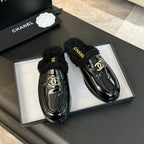 CC Mule Black Patent Calfskin Lamb Wool
