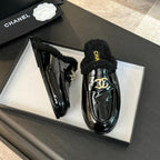 CC Mule Black Patent Calfskin Lamb Wool
