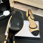 CC 25S Slingback 85mm Beige Calfskin Black Grosgrain