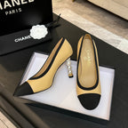 CC 25S Pump 85mm Beige Calfskin Black Grosgrain