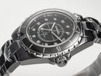 J12 Date Automatic Black Ceramic Diamond Numerals Black Dial White Steel Hands