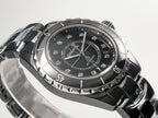 J12 Date Automatic Black Ceramic Diamond Numerals Black Dial White Steel Hands