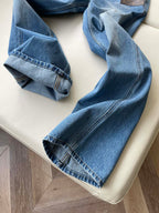 LV Flower Leather Label Straight Jeans Blue Cotton
