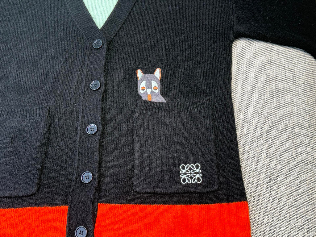 Loewe 2025 V-Neck Button-Up Cardigan Black Mix Colors Wool 331646