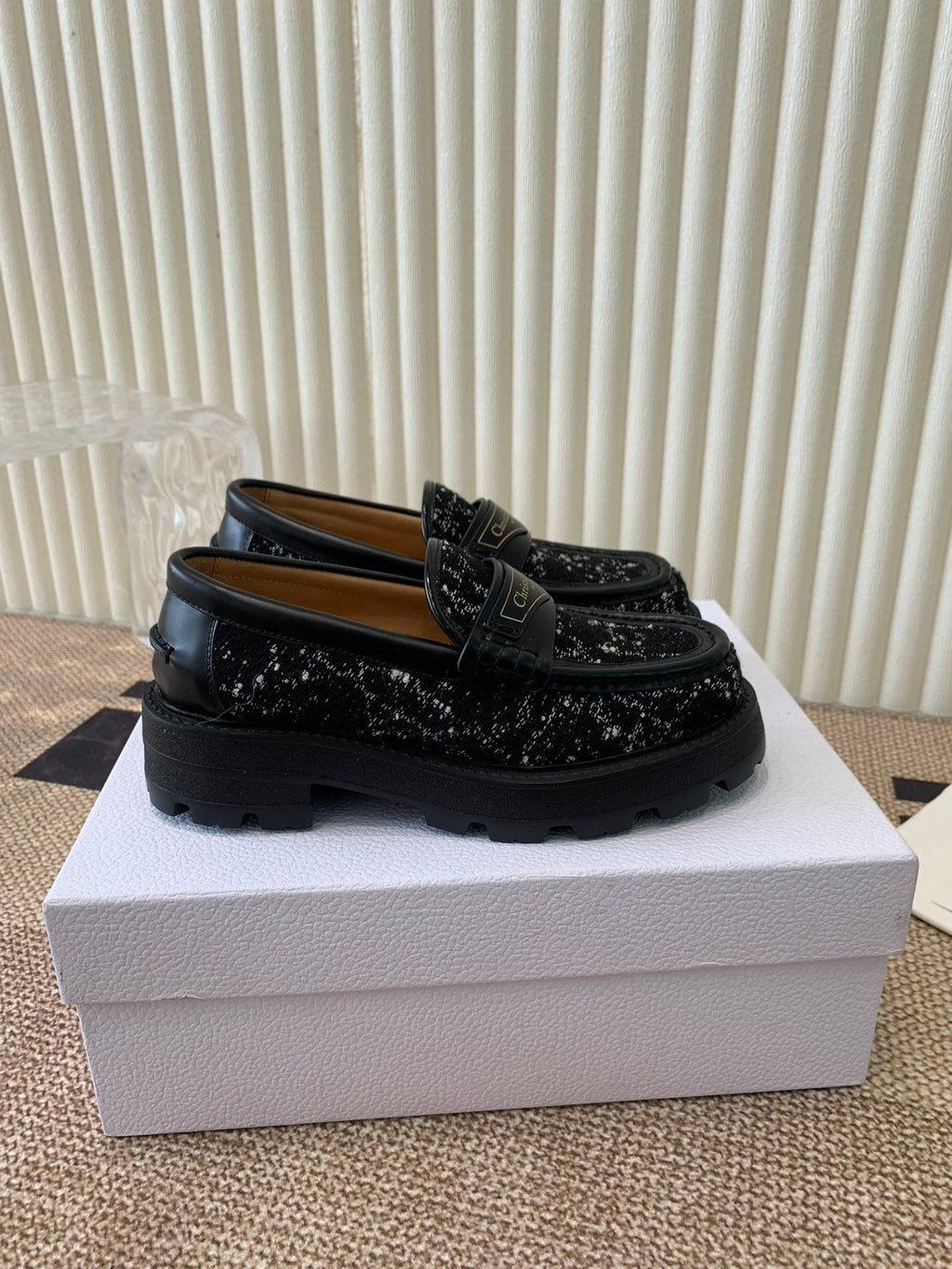 CD Boy Platform Loafer In Black Tweed Fabric And Cowhide 113487