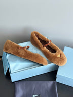 Prada 25s Mary Jane Ballet Flats Caramel Brown Wool 538455