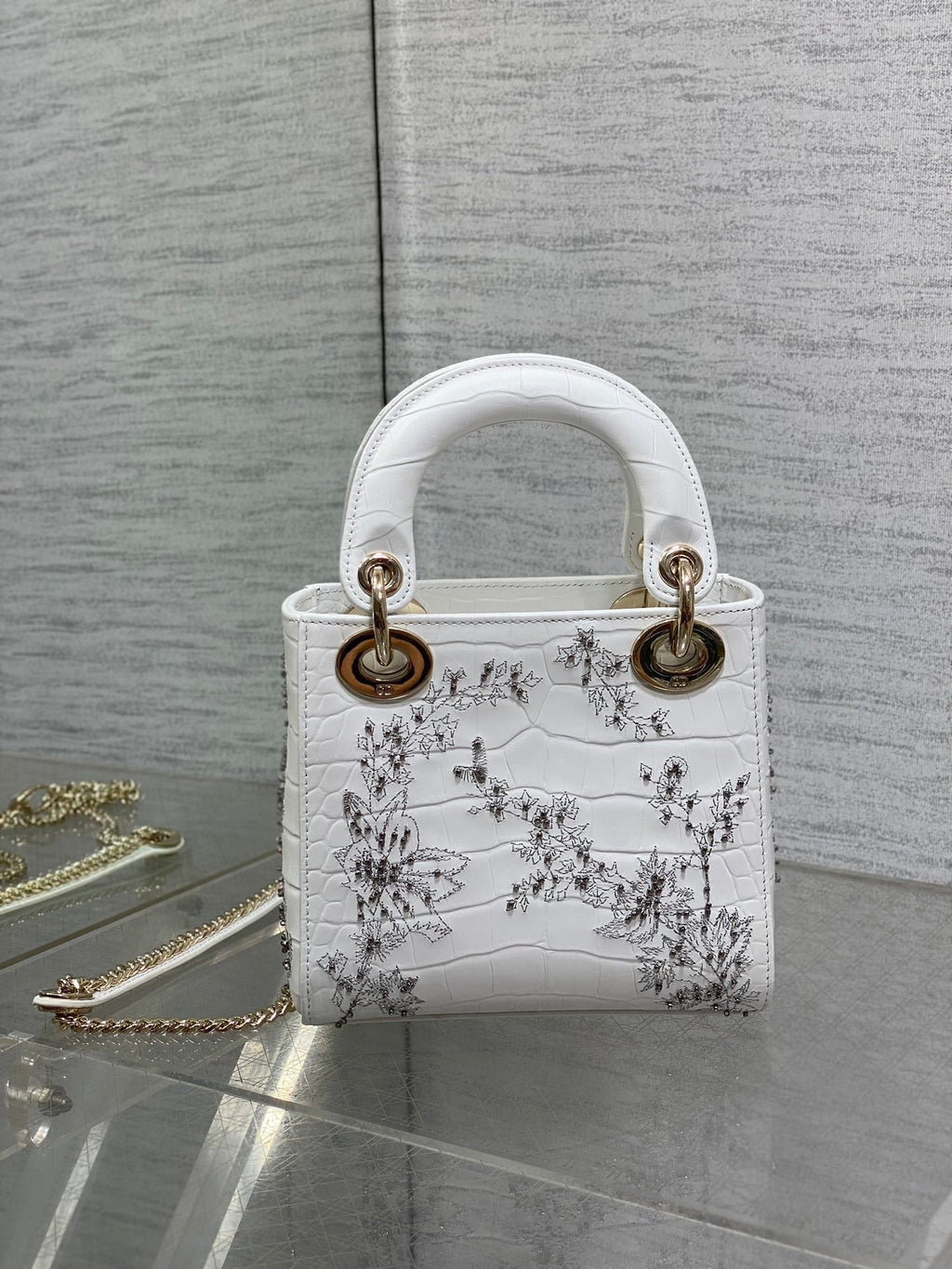 Lady Bag 17cm White Crocodile Leather Light Gold Hardware
