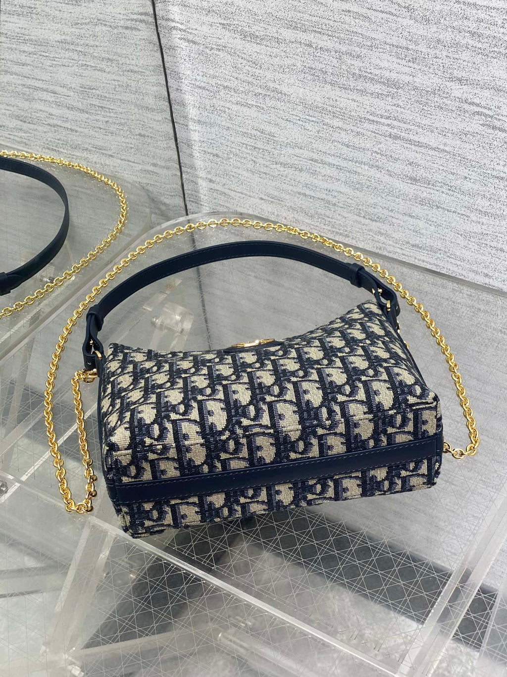 Dior 2025 Bag 19cm Navy Blue mix Beige Oblique Fabric mix Leather 272830