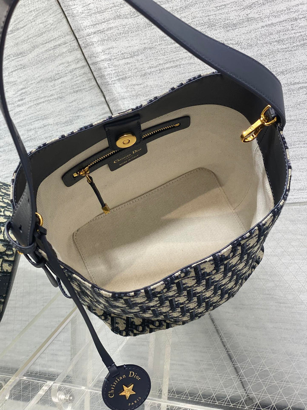 Dior 2025 Star Bucket Bag  Navy Blue mix Beige Canvas Leather 270450
