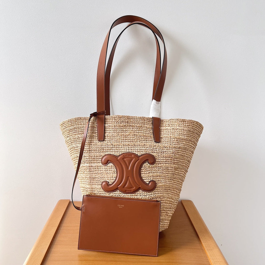 Celine Medium Supple Classic Panier 30cm Brown Calfskin Beige Raffia