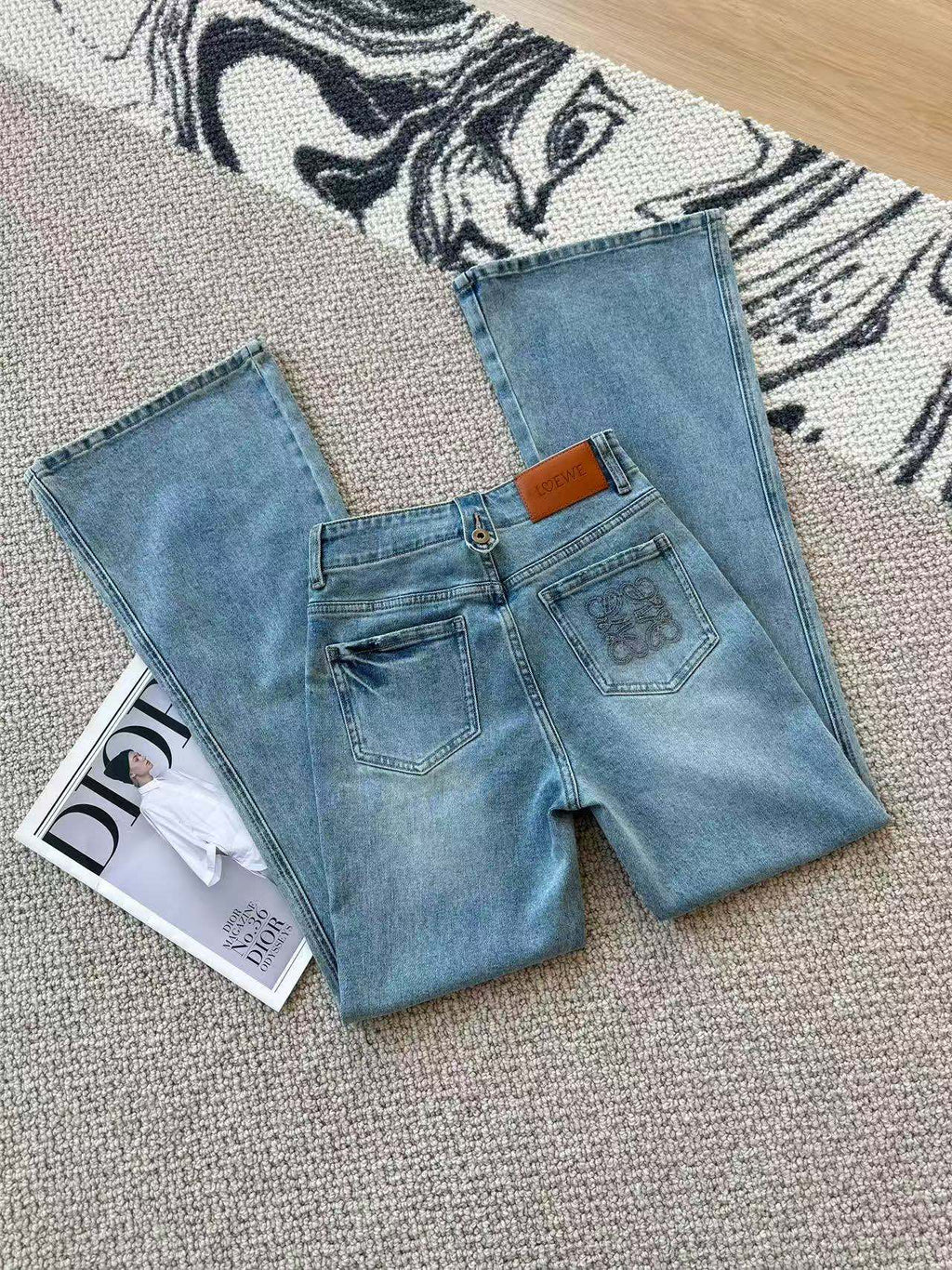 Loewe Embroidered Flared Jeans Blue Cotton