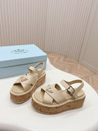PRA WEDGE PLATFORM SANDALS BEIGE CALFSKIN