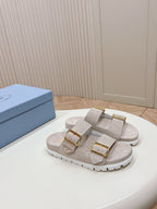 Double Buckle Strap Slides 20 Light Grey Suede