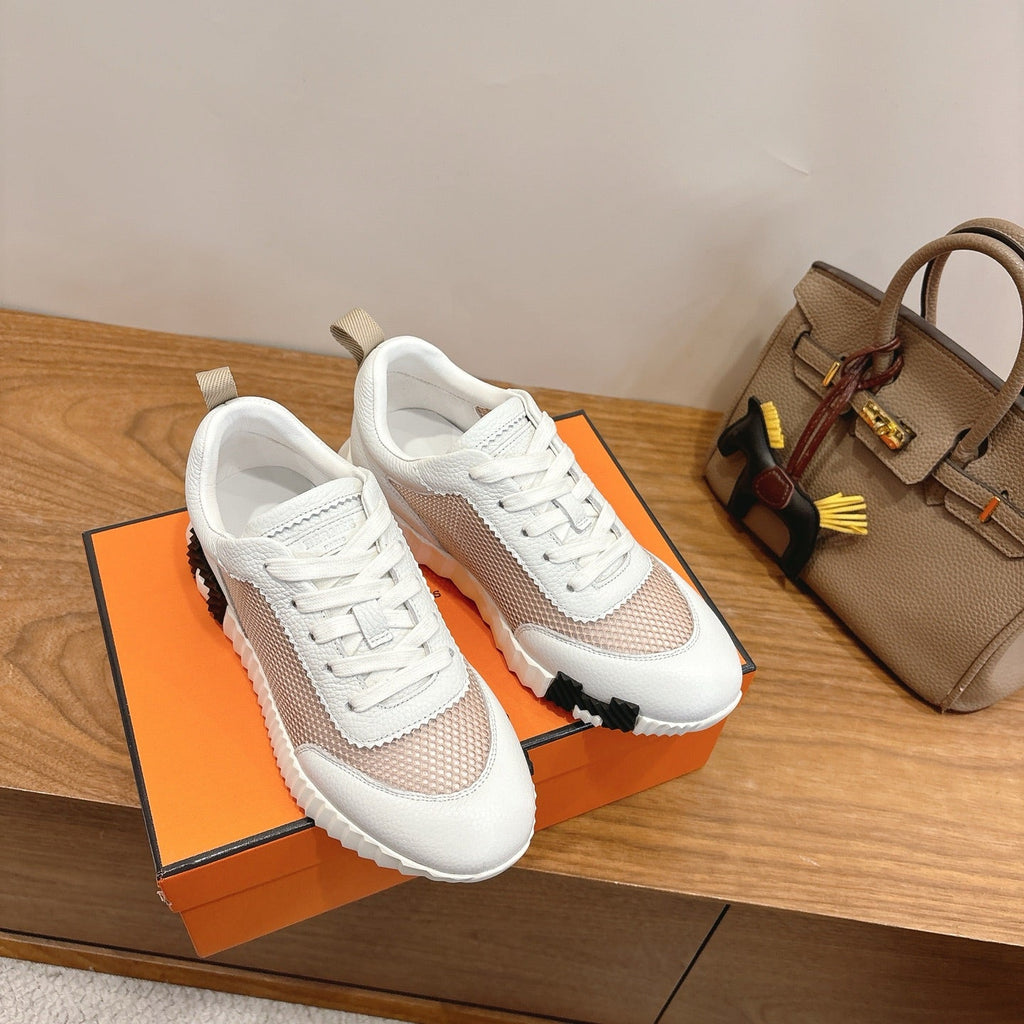 HM 26ss Sneakers White Beige Cowhide  Fabric 638565