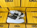 FENDI THICK-SOLDED SNEAKER IN WHITE SUEDE AND BROWN MONOGRAM FABRIC