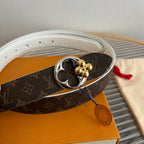 LV Flowergram Round 30mm Reversible Belt White Brown Empreinte Calfskin