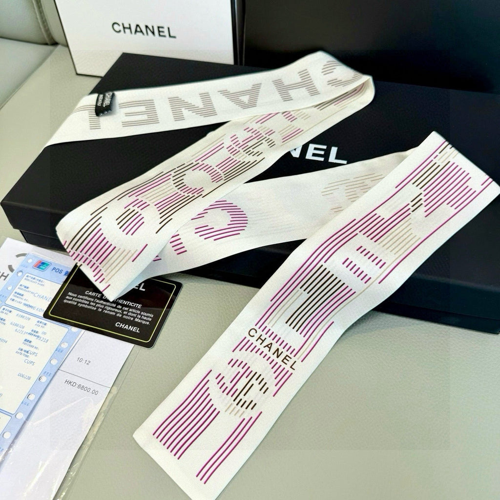 CC  Twilly Mini Scarf 120cm White Pink Mulberry Silk 924596