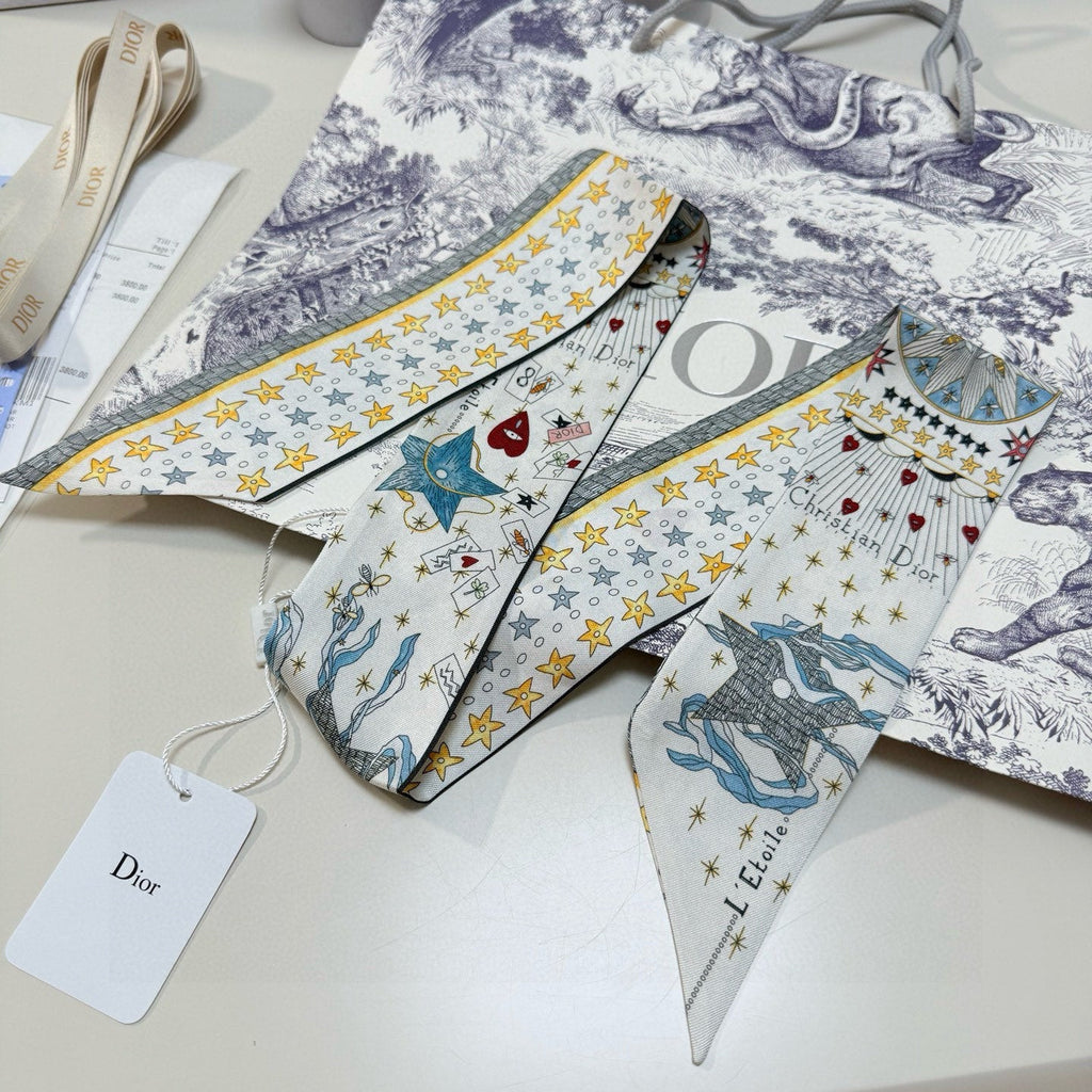 CD Twilly Mini Scarf 105cm Tarot Card White Yellow Mulberry Silk 928083